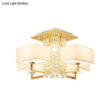 Contemporary Rectangle White Ceiling Light With Crystal Deco - Fabric And Metal Semi Mount Lighting