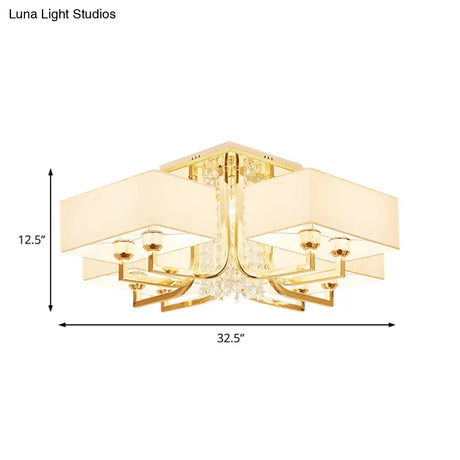 Contemporary Rectangle White Ceiling Light With Crystal Deco - Fabric And Metal Semi Mount Lighting