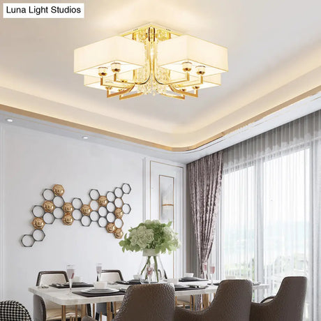 Contemporary Rectangle White Ceiling Light With Crystal Deco - Fabric And Metal Semi Mount Lighting