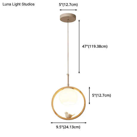 Contemporary Round Natural Wood Pendant Light - Bedroom Hanging Lamp With Bird Accent