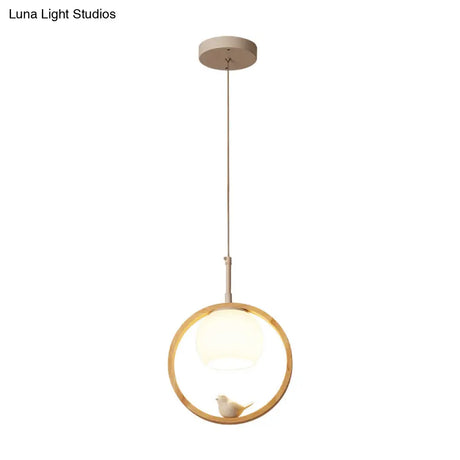 Contemporary Round Natural Wood Pendant Light - Bedroom Hanging Lamp With Bird Accent