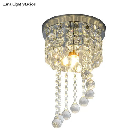 Contemporary Silver Round Crystal Flush Mount Ceiling Light - 1 - Light For Living Room