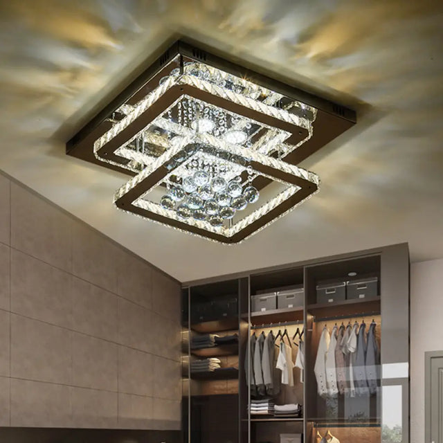 Contemporary Square 2 - Tier Led Crystal Ceiling Lamp - Chrome Flush Light For Bedroom