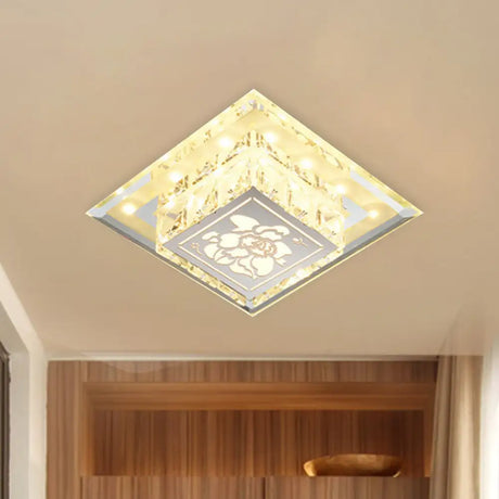 Contemporary Square Led Flush Light With Crystalline Facets In Chrome – Elegant Flower Pattern
