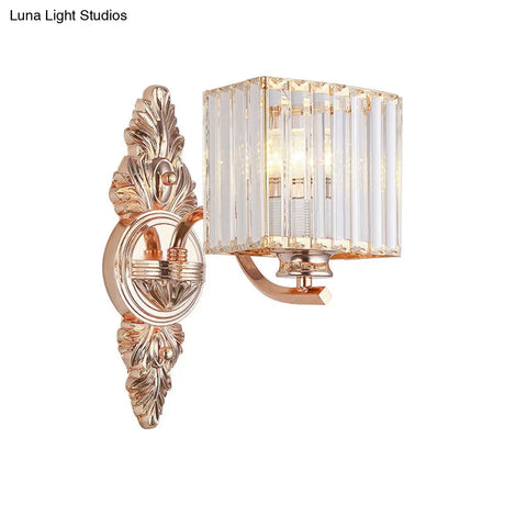 Contemporary Square Wall Sconce: Clear Crystal & Metal Carved Backplate Rose Gold