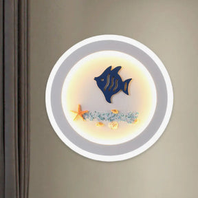 Contemporary Style Led Wall Light Fixture - White Round Acrylic Lamp With Fish And Sea Star Pattern