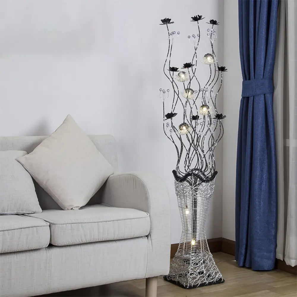 Contemporary Torch-Like Led Floor Light With Curvy Arm And Floret Decor In Black/Silver Black-Silver