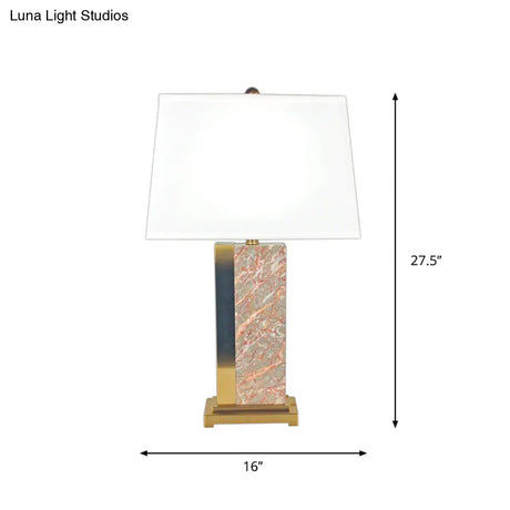 Contemporary Trapezoid Fabric Table Light - 1-Bulb White Night Lamp With Red Marble Base
