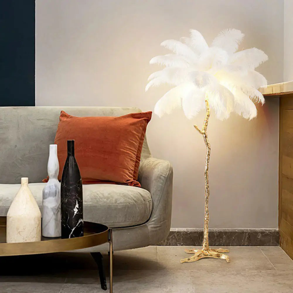 Contemporary Tree-Shape Stand Up Floor Light With 5 Feather Bulbs For Living Room White / Small