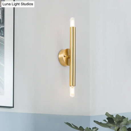 Contemporary Tubular Wall Sconce - 2-Light Metallic Golden Lamp For Bedroom