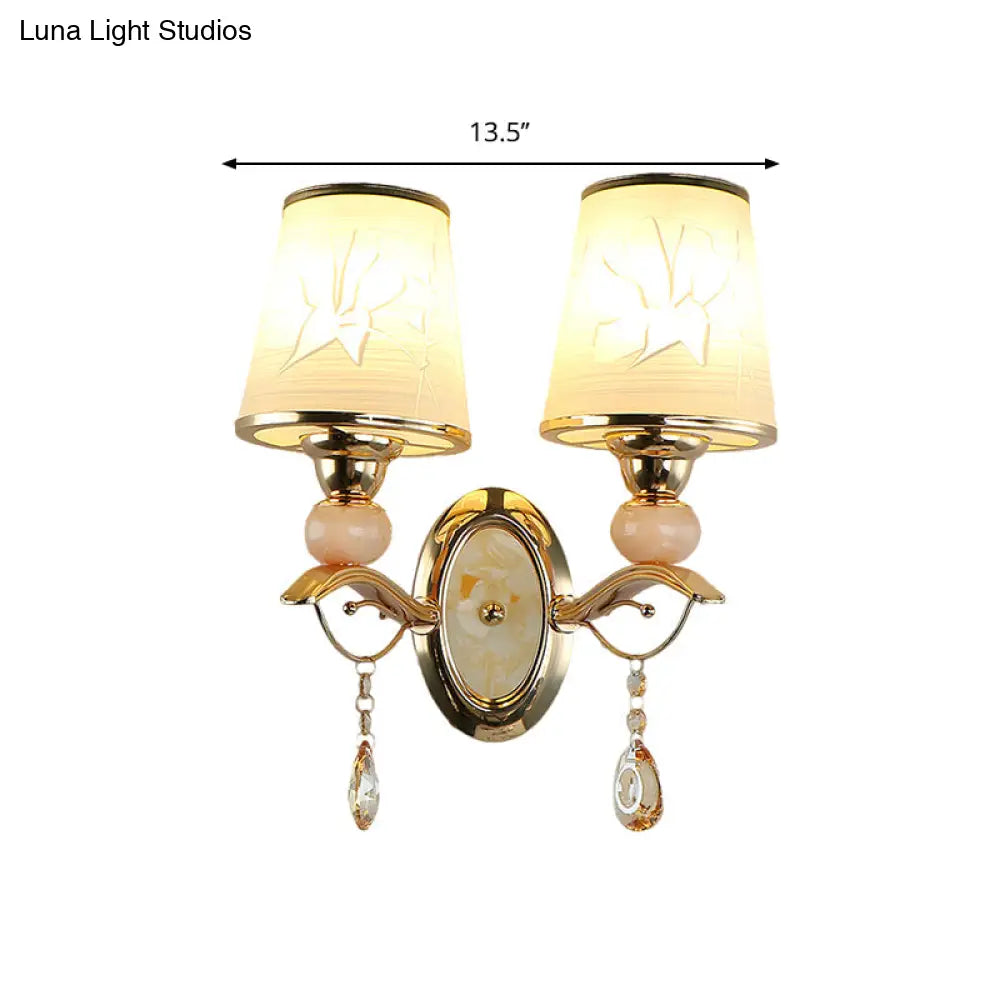 Contemporary Wall Lamp With Crystal Droplet - Amber Glass And Gold Finish