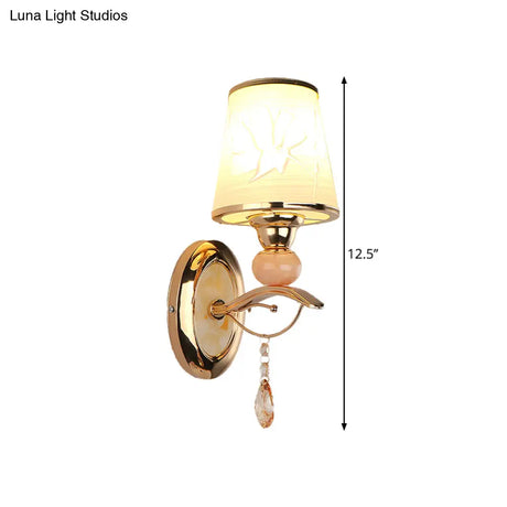 Contemporary Wall Lamp With Crystal Droplet - Amber Glass And Gold Finish