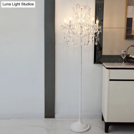 Contemporary White Crystal 4-Head Floor Lamp With Candlestick Shade For Living Room Lighting