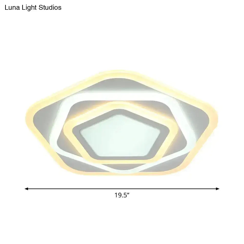 Contemporary White Layered Pentagon Led Flush Light - Warm/White Ceiling Mount Lamp 8’/19.5’ Wide
