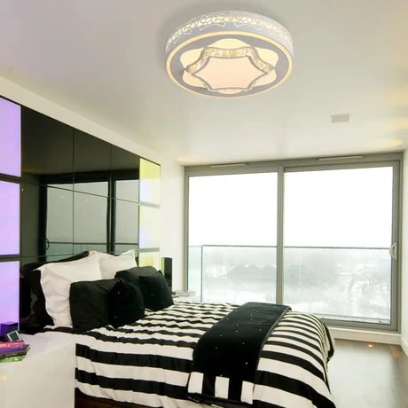 Contemporary White Led Flush Mount Ceiling Light With Remote Control Dimming - Floral Pattern 3