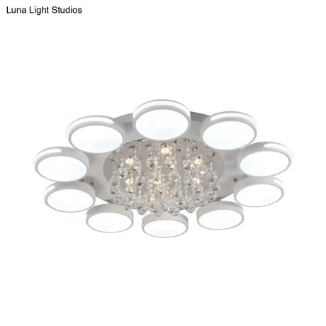 Contemporary White Round Crystal Led Ceiling Light - Flush Mount With Warm/White/3 Color Lighting