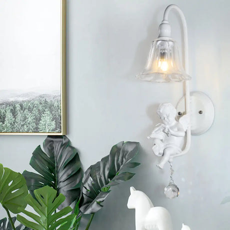 Contemporary White Wall Lamp With Bell Shade & Angel Design For Kids Room / A