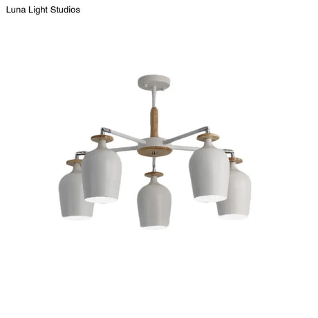 Contemporary Wine Glass Iron Semi Flush Mount Light With Wooden Cap - 5/10 Lights White