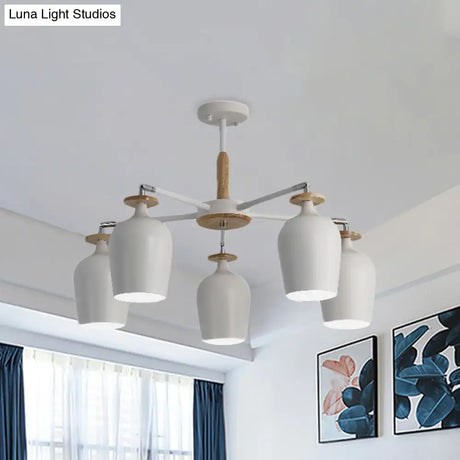 Contemporary Wine Glass Iron Semi Flush Mount Light With Wooden Cap - 5/10 Lights White