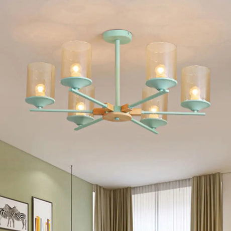Contemporary Wood Cognac Chandelier - Cylinder Shade 3/6 Heads Lighting For Living Room 6 / Green