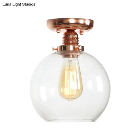 Copper Ceiling Semi Flush Light With Clear Glass Globe Shade - Industrial Style