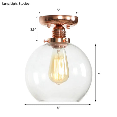 Copper Ceiling Semi Flush Light With Clear Glass Globe Shade - Industrial Style