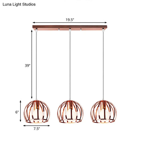 Copper Industrial Pendant Lamp With 3 Metal Dome Shades And Wire Cage - Perfect For Living Room