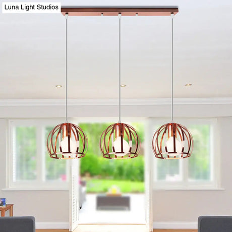 Copper Industrial Pendant Lamp With 3 Metal Dome Shades And Wire Cage - Perfect For Living Room