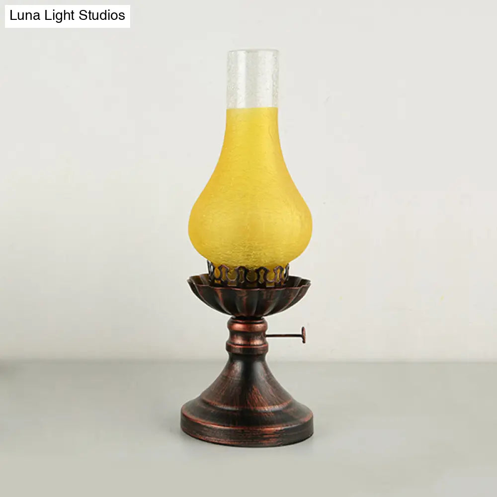 Copper Vase Table Lamp - Tan Crackle/Yellow Glass Shade Metal Base