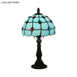 Corinne - Blue Glass Lattice Bowl Table Lighting Mediterranean 1 Head Bronze Gem Patterned Desk For