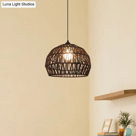 Corridor Hanging Light Fixture With Rattan Shade - Chic Black/Beige Suspended Lamp