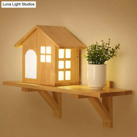 Cottage Led Wall Sconce With Decorative Wood Accent & Shelf For Bedroom Lighting