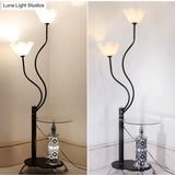Country Black Frosted Glass Standing Floor Lamp With Tray - 3 Bulbs Open-Top Flower Light