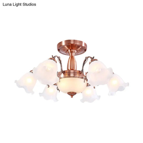 Country Cream Glass Flower Shape Semi Flush Mount Lamp - Copper Lighting (3/5/8 Lights)