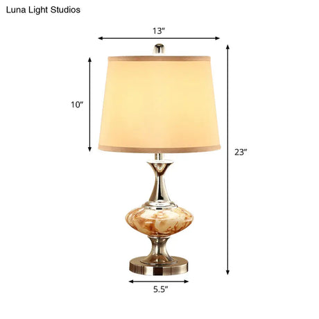 Country Drum Nightstand Light With Bellied Base In Nickel - 1-Light Fabric Table Lighting