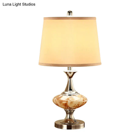 Country Drum Nightstand Light With Bellied Base In Nickel - 1-Light Fabric Table Lighting