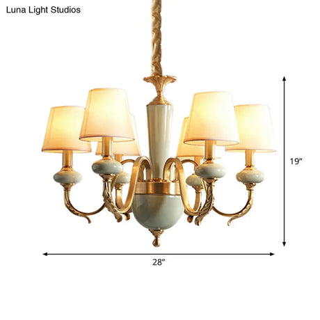 Country Gold Fabric Chandelier - 6 Heads Conical Suspension Light For Dining Room With Elegant