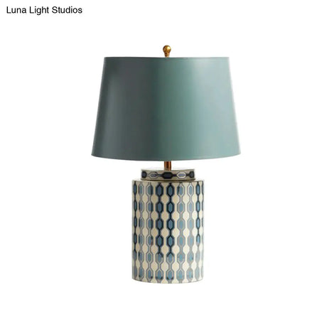 Country Green Fabric Tapered Drum Nightstand Lamp - 1-Bulb Table Lighting