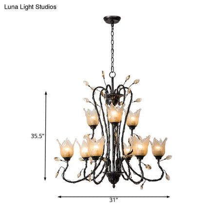 Country-Inspired Amber Glass Flower Pendant Chandelier - Black 9-Light Fixture For Dining Room