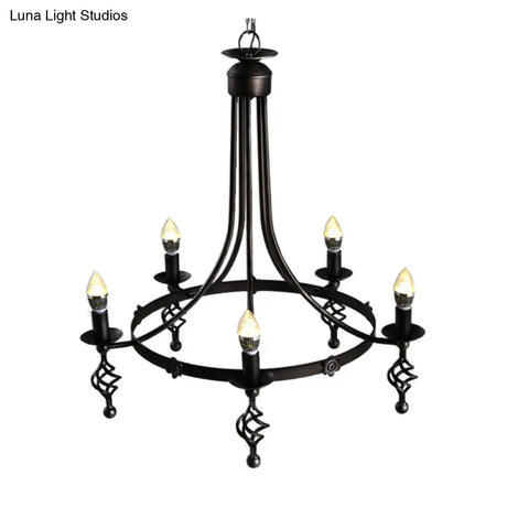 Country Metal 5-Light Round Chandelier: Black Hanging Pendant Lamp For Bedroom