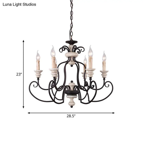 Country Rustic Metal Chandelier With 6 Candle-Style Lights - Scrolled Arms And Ceiling Suspension
