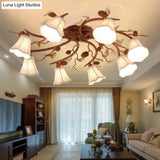 Country Scalloped White Glass Ceiling Light Fixture: 8 - Light Semi - Flush Mount In Rust For