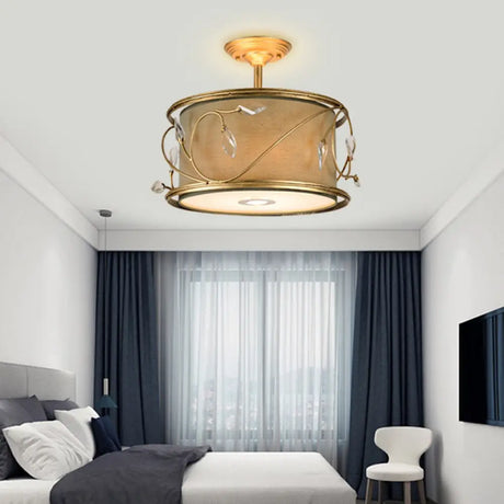 Country Style 3 - Bulb Semi Flush Mount Ceiling Light In Green Fabric - 16’/19.5’ Width / 16’