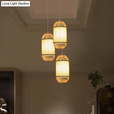 Country Style Bamboo 1-Light Oblong Shade Hanging Lamp - Ideal For Bedroom Ceiling Beige