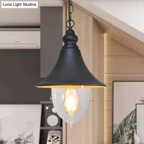 Country Style Flared Hanging Light: Black/Bronze/Gold Pendant With Clear Plastic Shade