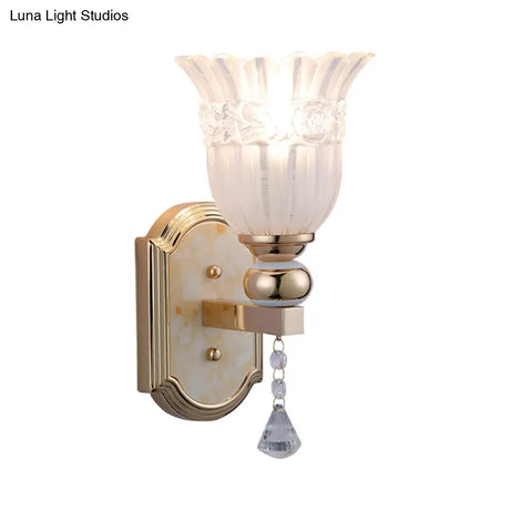 Country Style Frosted Glass Floral Wall Sconce Lamp - Gold Finish Lighting Fixture For Corridor