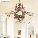 Country Style Metal Chandelier With Curving Arm - 16-Bulb Led Flower Pendant Light Green Ideal For