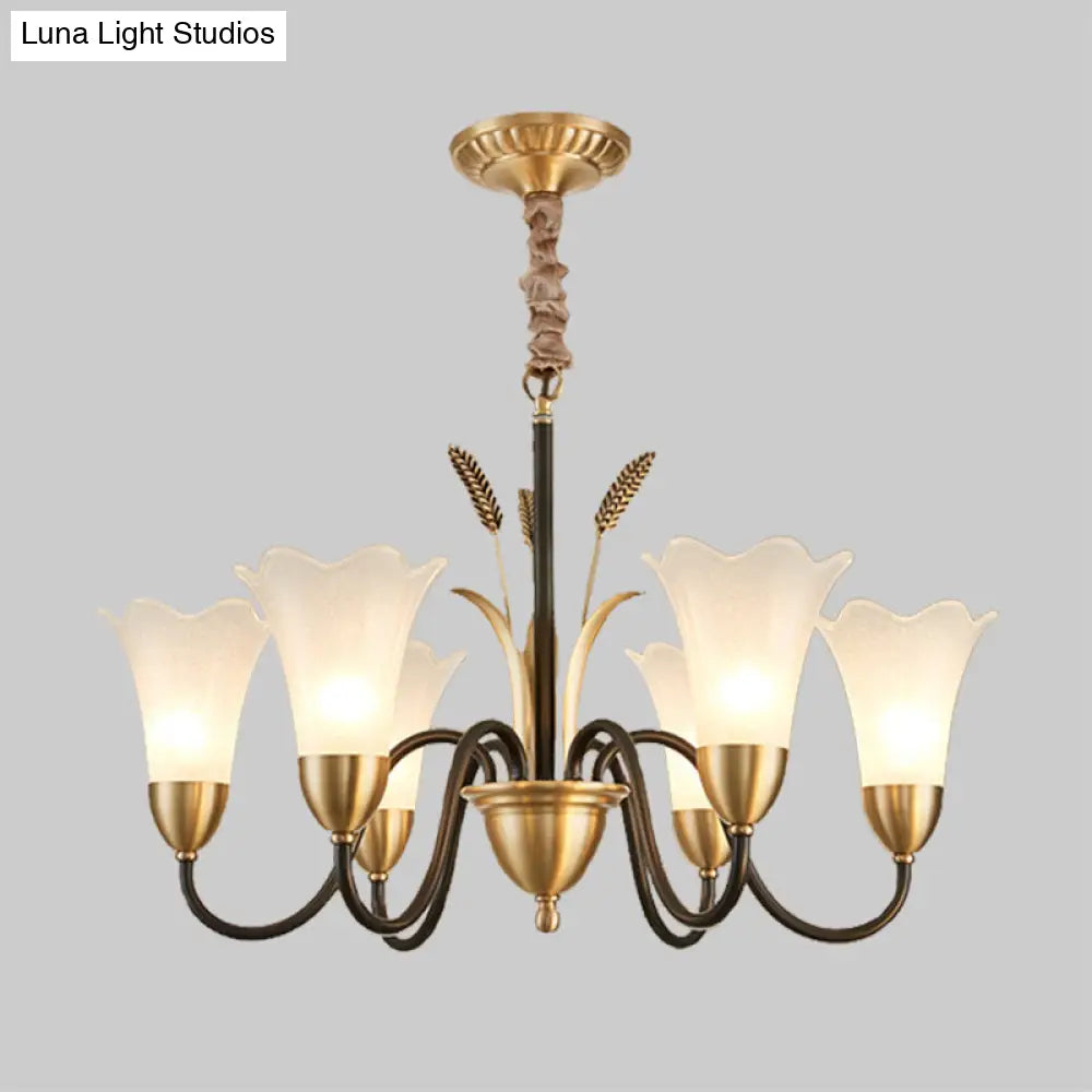 Country Style Mini Flower Pendulum Chandelier With Frosted Glass And Scroll Arm In Black/Gold - 6/8