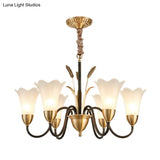 Country Style Mini Flower Pendulum Chandelier With Frosted Glass And Scroll Arm In Black/Gold - 6/8