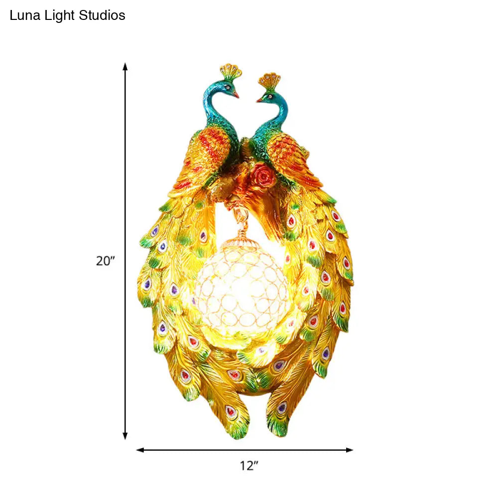 Country Style Peacock Wall Sconce With Crystal Shade For Bedroom - Yellow Resin 1-Light Lamp